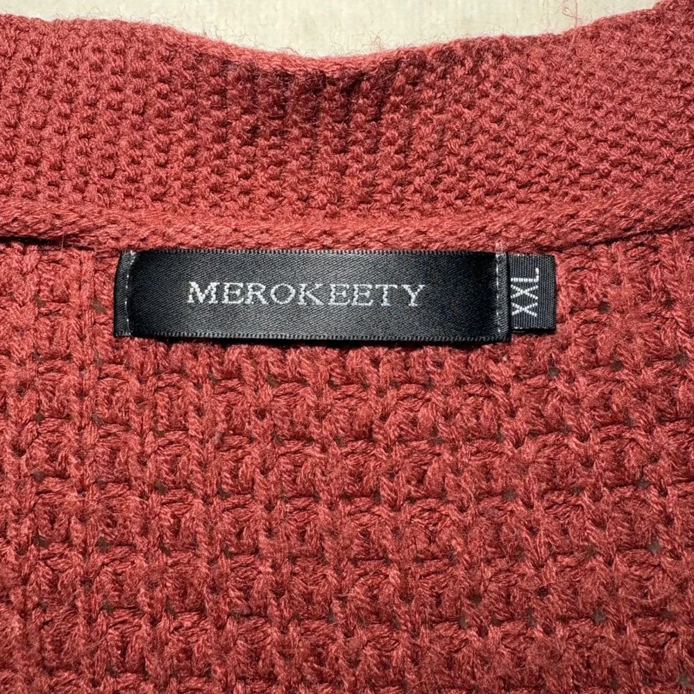 Merokeety Rust Orange Waffle Knit Open Front Cardigan Sweater XXL Overszd Pocket - Picture 2 of 6